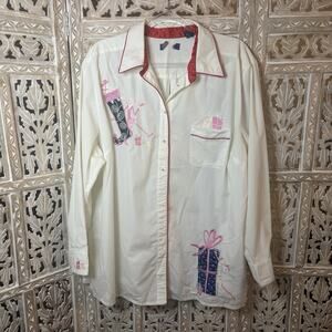 Karen Scott Sport Whimsical Holiday Christmas Button Up Women's Long Sleeve 2X